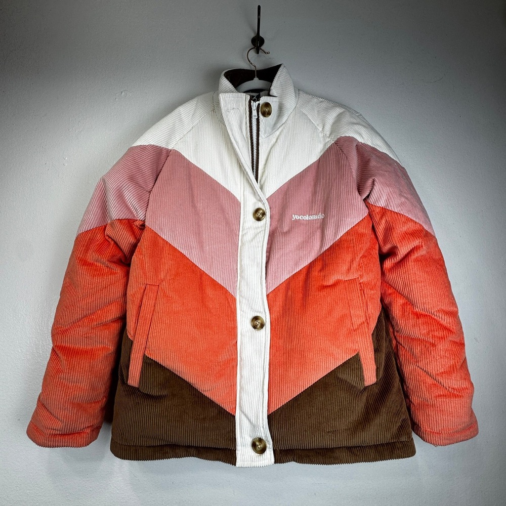 YOColorado Women Corduroy Puffer Jacket Chevron Colorblock Down Fill Large